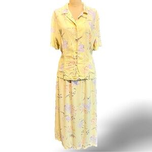 VINTAGE 90s pastel yellow floral 2‎ piece suit dress set skirt blouse elastic